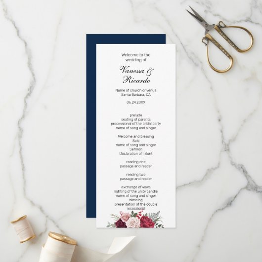 Elegant burgundy Navy Blue Floral Wedding Programm Programmakaart (Voorkant / Achterkant in situ)