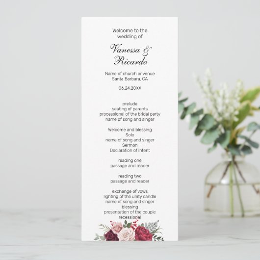 Elegant burgundy Navy Blue Floral Wedding Programm Programmakaart (Staand voorkant)