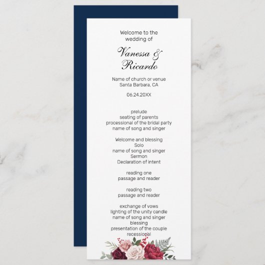 Elegant burgundy Navy Blue Floral Wedding Programm Programmakaart (Voorkant / Achterkant)