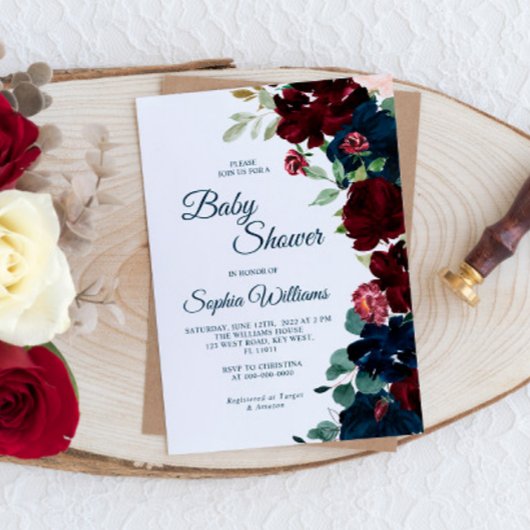 Elegant Burgundy & Navy Blue Flowers Baby shower Kaart