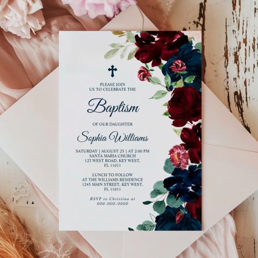 Elegant Burgundy & Navy Blue Flowers Baptism Kaart
