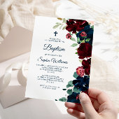 Elegant Burgundy & Navy Blue Flowers Baptism Kaart