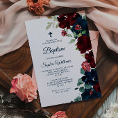 Elegant Burgundy & Navy Blue Flowers Baptism Kaart
