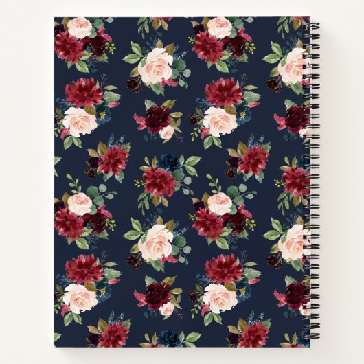 Elegant Burgundy Navy Blue Flowers notebook Notitieboek (Achterkant)
