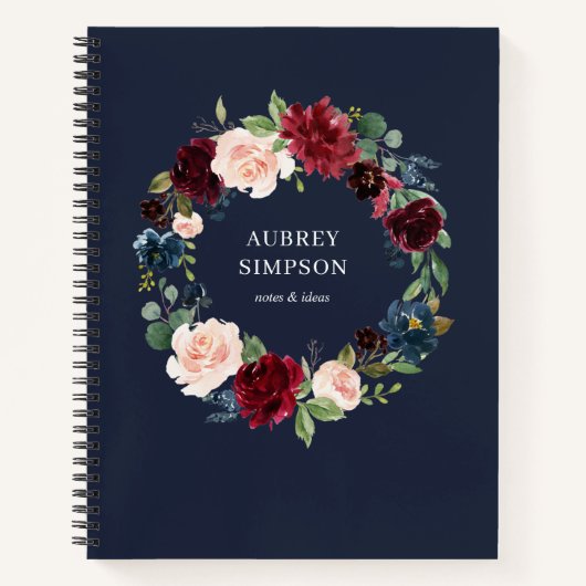 Elegant Burgundy Navy Blue Flowers notebook Notitieboek (Voorkant)