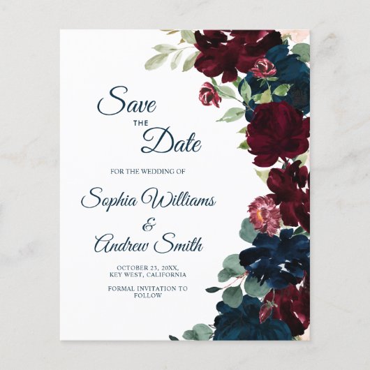 Elegant Burgundy & Navy Blue Flowers Save the Date (Voorkant)