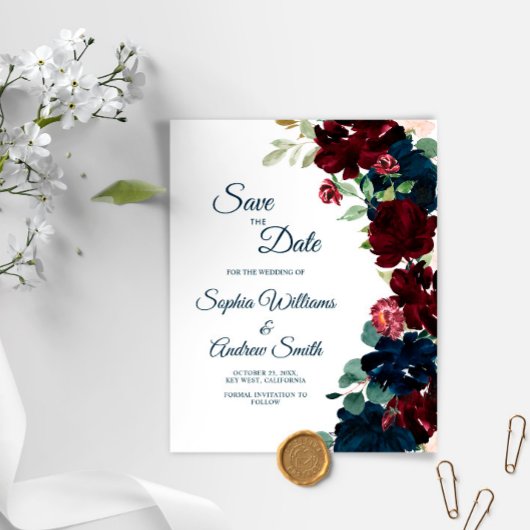 Elegant Burgundy & Navy Blue Flowers Save the Date