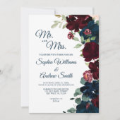 Elegant Burgundy & Navy Blue Flowers Wedding Kaart (Voorkant)