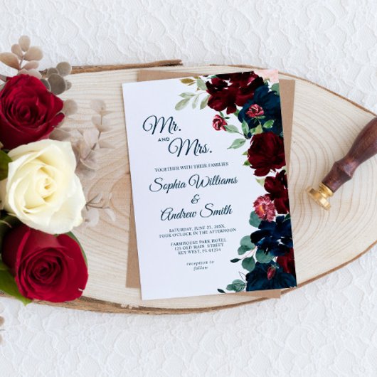 Elegant Burgundy & Navy Blue Flowers Wedding Kaart