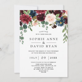 Elegant Burgundy Navy Blue Flowers Wedding Kaart