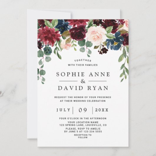 Elegant Burgundy Navy Blue Flowers Wedding Kaart (Voorkant)