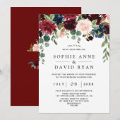 Elegant Burgundy Navy Blue Flowers Wedding Kaart (Voorkant / Achterkant)