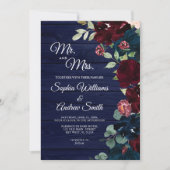 Elegant Burgundy & Navy Blue Flowers Wood Weddensc Kaart (Voorkant)
