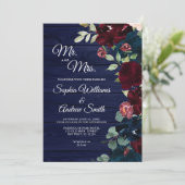 Elegant Burgundy & Navy Blue Flowers Wood Weddensc Kaart (Staand voorkant)