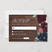 Elegant Burgundy & Navy Blue Flowers Wood Weddensc RSVP Kaartje (Voorkant)