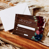 Elegant Burgundy & Navy Blue Flowers Wood Weddensc RSVP Kaartje