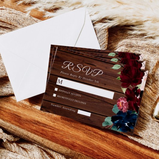 Elegant Burgundy & Navy Blue Flowers Wood Weddensc RSVP Kaartje