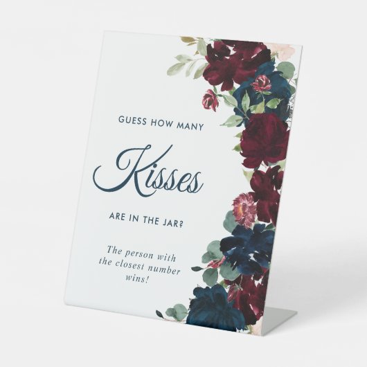 Elegant Burgundy & Navy Blue How Many Kisses Reclamebord Met Voetstuk (Voorkant)