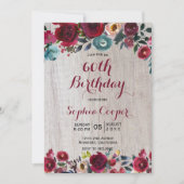 Elegant Burgundy Navy Floral 60th Birthday Party Kaart (Voorkant)