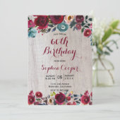Elegant Burgundy Navy Floral 60th Birthday Party Kaart (Staand voorkant)