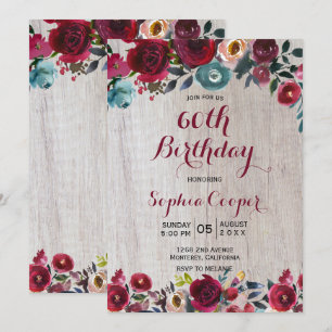 Elegant Burgundy Navy Floral 60th Birthday Party Kaart