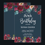 Elegant Burgundy Navy Floral 80th Birthday Party Kaart<br><div class="desc">Moderne, elegante, Bourgogne Wine Marsala Navy Waterverf Floral 80ste mijlpaal op de dag van de uitnodiging tot het indienen van Sjablonen. Chich burgundy, marsala, navy geschilderde waterverf rozen, botanische blush floral arrangement design met groene bladeren op marinesblauwe achtergrond. Eigenschap een elegant handgeschreven typografisch ontwerp. Geweldige keuze voor een volwassen verjaardagsfeestje...</div>