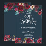 Elegant Burgundy Navy Floral 80th Birthday Party Kaart<br><div class="desc">Moderne, elegante, Bourgogne Wine Marsala Navy Waterverf Floral 80ste mijlpaal op de dag van de uitnodiging tot het indienen van Sjablonen. Chich burgundy, marsala, navy geschilderde waterverf rozen, botanische blush floral arrangement design met groene bladeren op marinesblauwe achtergrond. Eigenschap een elegant handgeschreven typografisch ontwerp. Geweldige keuze voor een volwassen verjaardagsfeestje...</div>