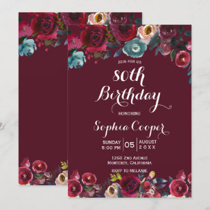 Elegant Burgundy Navy Floral 80th Birthday Party Kaart