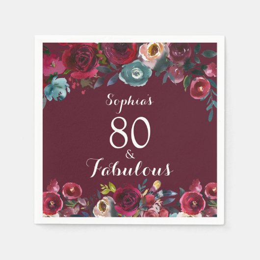 Elegant Burgundy Navy Floral 80th Birthday Party Servet (Voorkant)