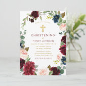 elegant burgundy navy floral christening kaart (Staand voorkant)