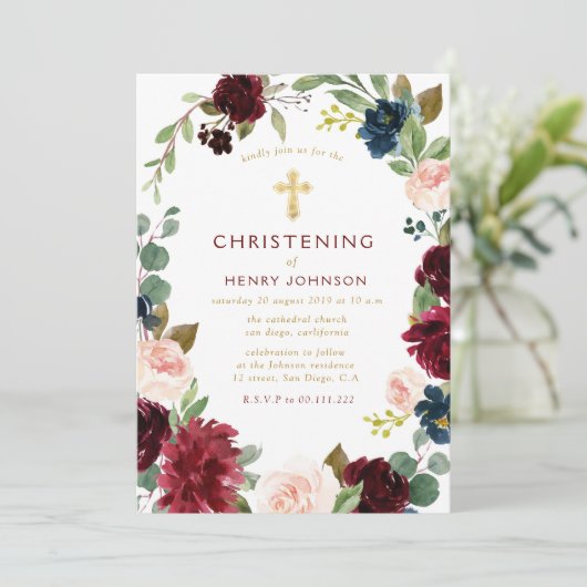 elegant burgundy navy floral christening kaart (Staand voorkant)