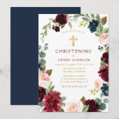 elegant burgundy navy floral christening kaart (Voorkant / Achterkant)