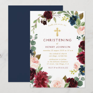 elegant burgundy navy floral christening kaart
