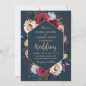 Elegant Burgundy Navy Floral Gold Lijst Wedding Kaart (Voorkant)