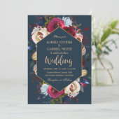 Elegant Burgundy Navy Floral Gold Lijst Wedding Kaart (Staand voorkant)