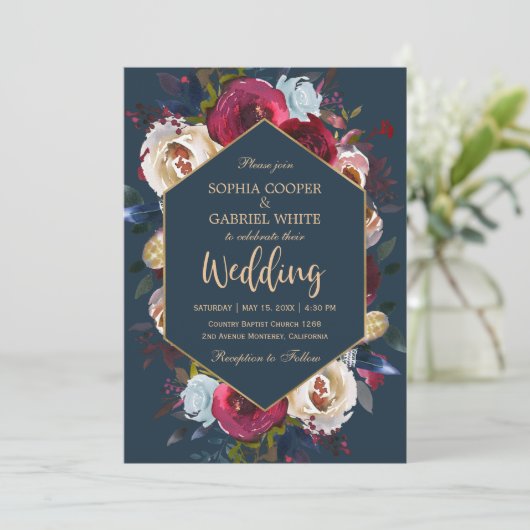 Elegant Burgundy Navy Floral Gold Lijst Wedding Kaart (Staand voorkant)