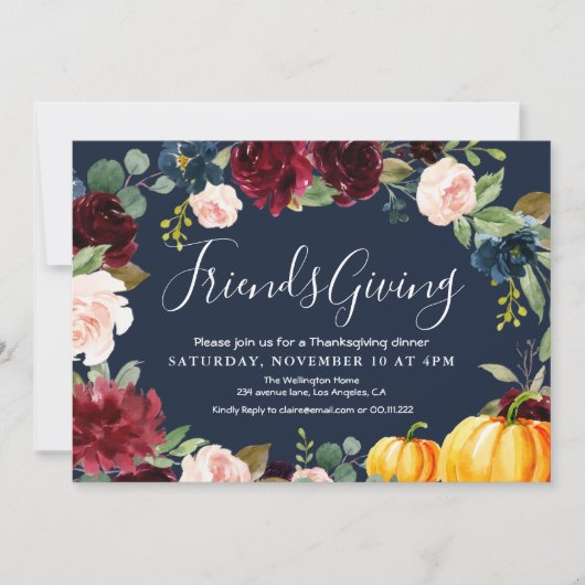 Elegant burgundy navy floral Thanksgiving diner Kaart (Voorkant)