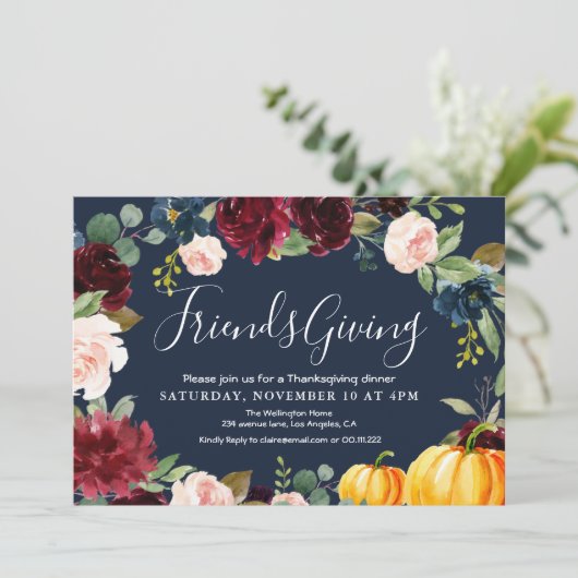 Elegant burgundy navy floral Thanksgiving diner Kaart (Staand voorkant)