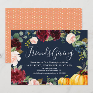 Elegant burgundy navy floral Thanksgiving diner Kaart