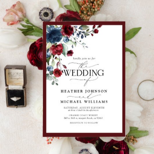 Elegant Burgundy & Navy Floral Waterverf Script Kaart