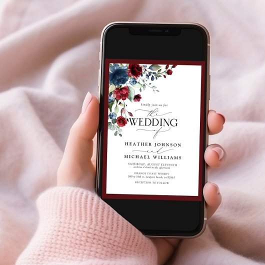 Elegant Burgundy & Navy Floral Waterverf Script Kaart