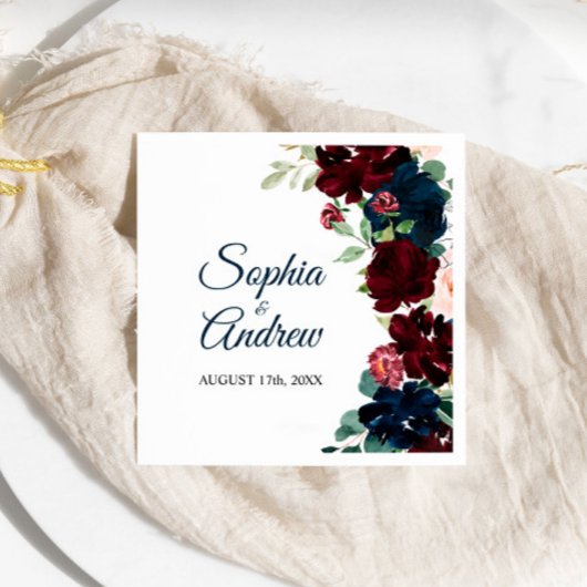 Elegant Burgundy & Navy Floral  Wedding Napkins Servet