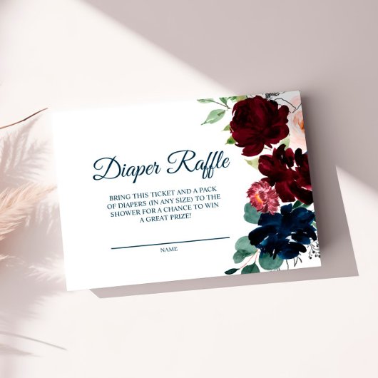Elegant Burgundy & Navy Flowers Diaper Raffle Kaar Informatiekaartje