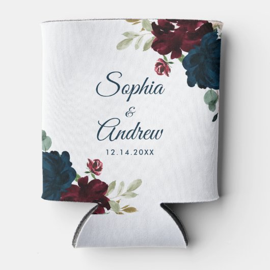 Elegant Burgundy & Navy Rustic Wood Wedding Blikjeskoeler (Voorkant)