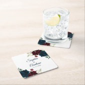 Elegant Burgundy & Navy Rustic Wood Wedding Kartonnen Onderzetters (Insitu)