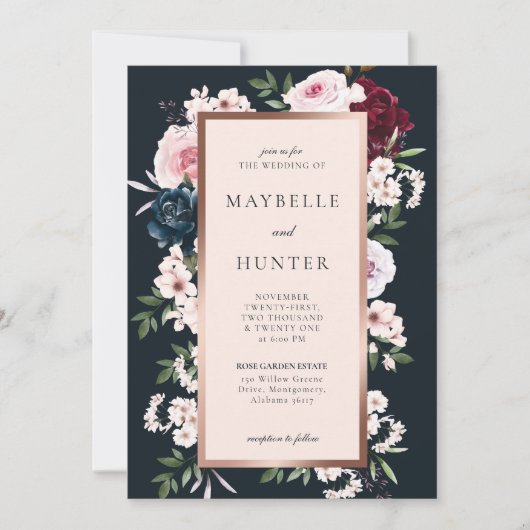 Elegant Burgundy & Navy Waterverf Floral Lijst Kaart (Voorkant)