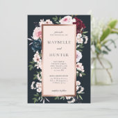 Elegant Burgundy & Navy Waterverf Floral Lijst Kaart (Staand voorkant)