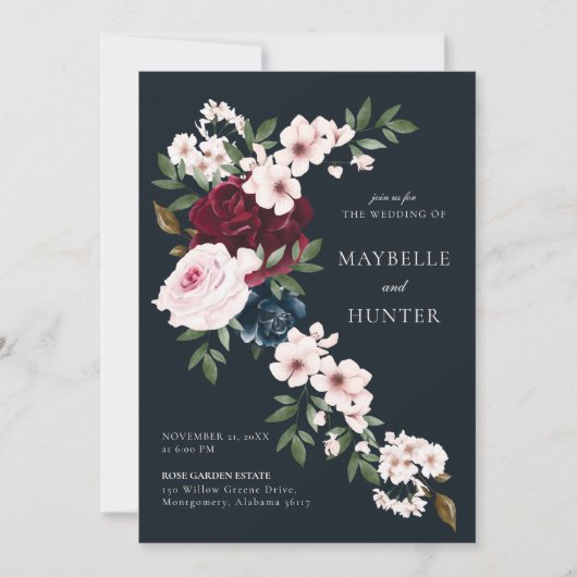 Elegant Burgundy Navy Waterverf Floral Waterfall Kaart (Voorkant)