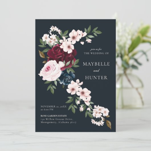 Elegant Burgundy Navy Waterverf Floral Waterfall Kaart (Staand voorkant)