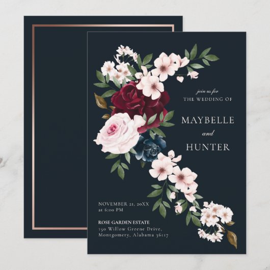 Elegant Burgundy Navy Waterverf Floral Waterfall Kaart (Voorkant / Achterkant)